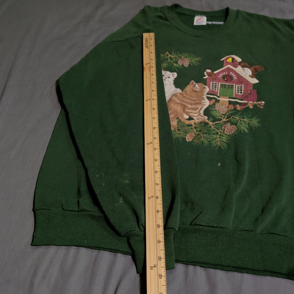 Vintage Jerzees Kitten Sweatshirt Womens Size Large Green Cat Crewneck Grandma - Picture 6 of 11